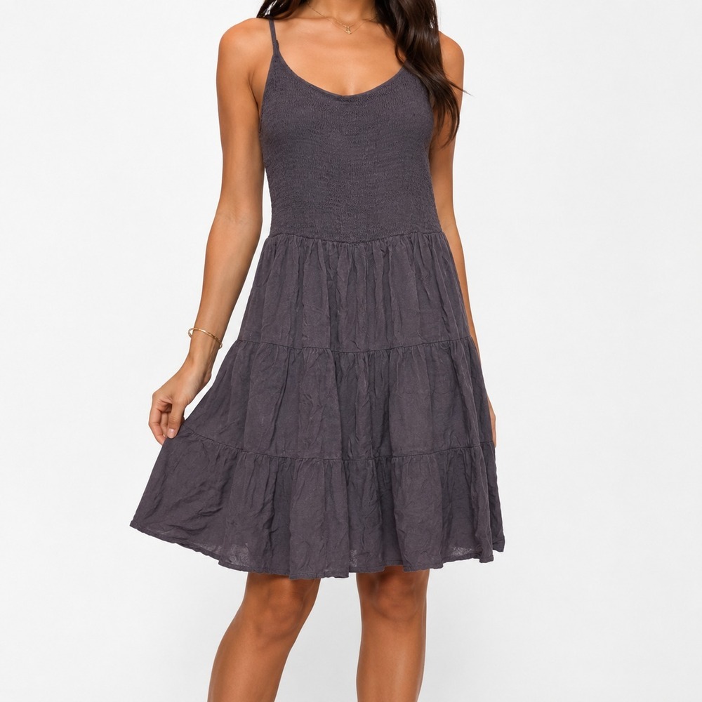 She + Sky Smocked  Tiered Dress Women's Medium Gray Sleeveless Casual Wear